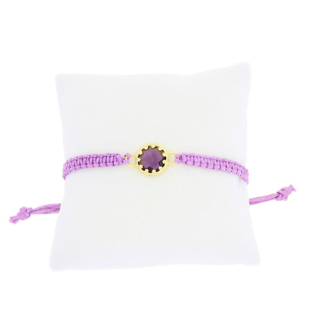 Purple Glass Bead Macrame Bracelet Gold Plated 925 Sterling Silver Adjustable